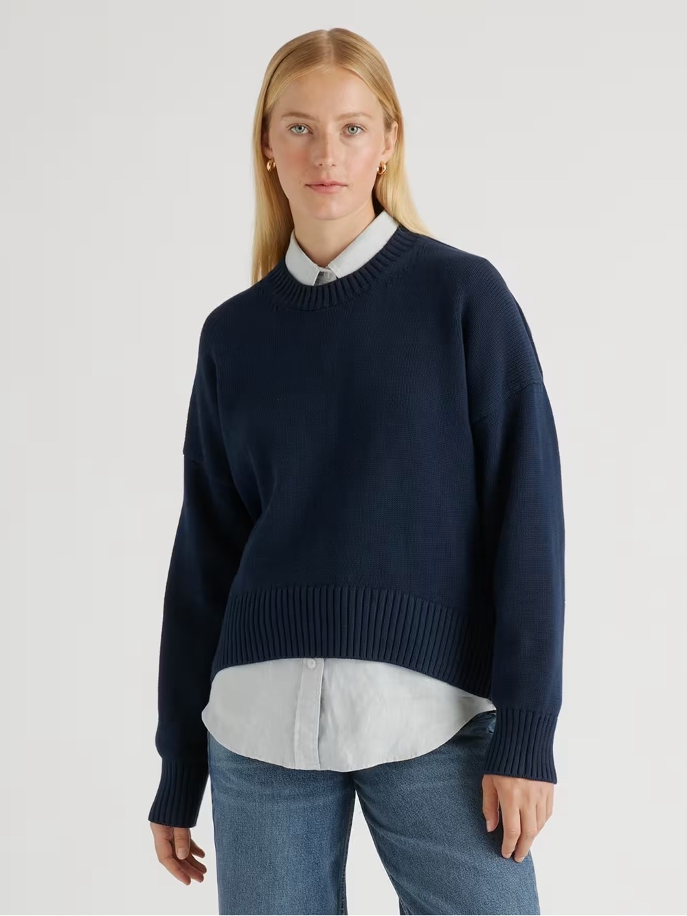 Quince 100% Organic Cotton Boyfriend Crew Sweater Navy Women’s Small Minimalist